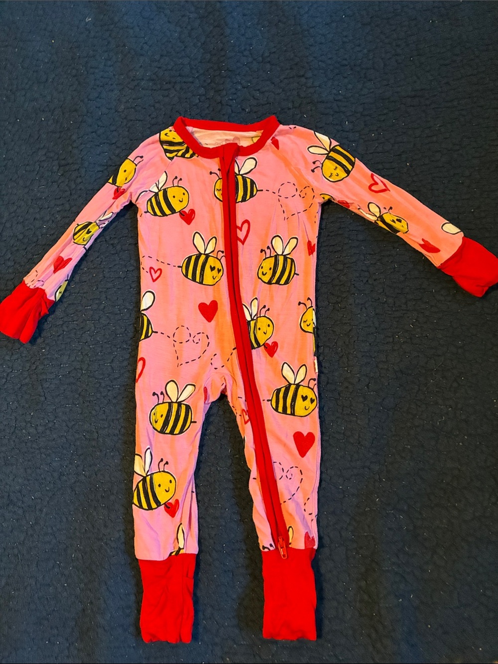 Little Sleepies Pink Bee Print Footed One-Piece with Red Trim